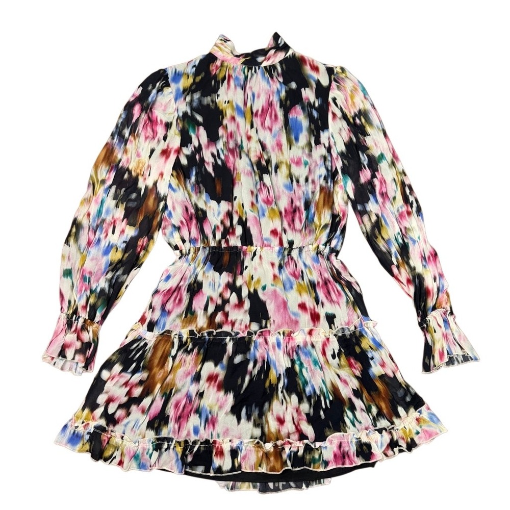 Lavender Brown Noelle Floral Print Tie Neck Tiered Ruffle Mini Dress Size S NWT